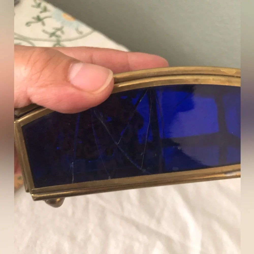 Vtg Enesco angel on moon Musical Wind Jewerly Trinket Brass Mirror Glass Box